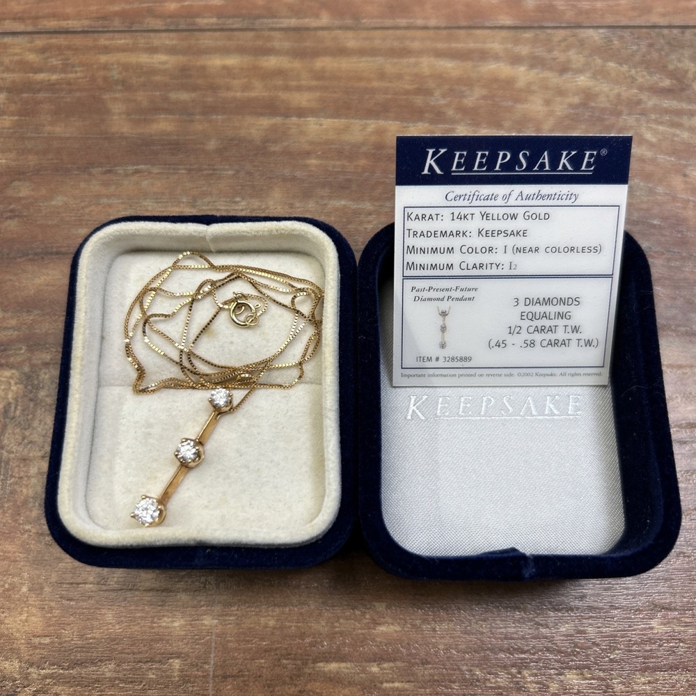 Keepsake 14k Yellow Gold 3 Diamonds Past Present Future Pendant w/ Box Chain COA